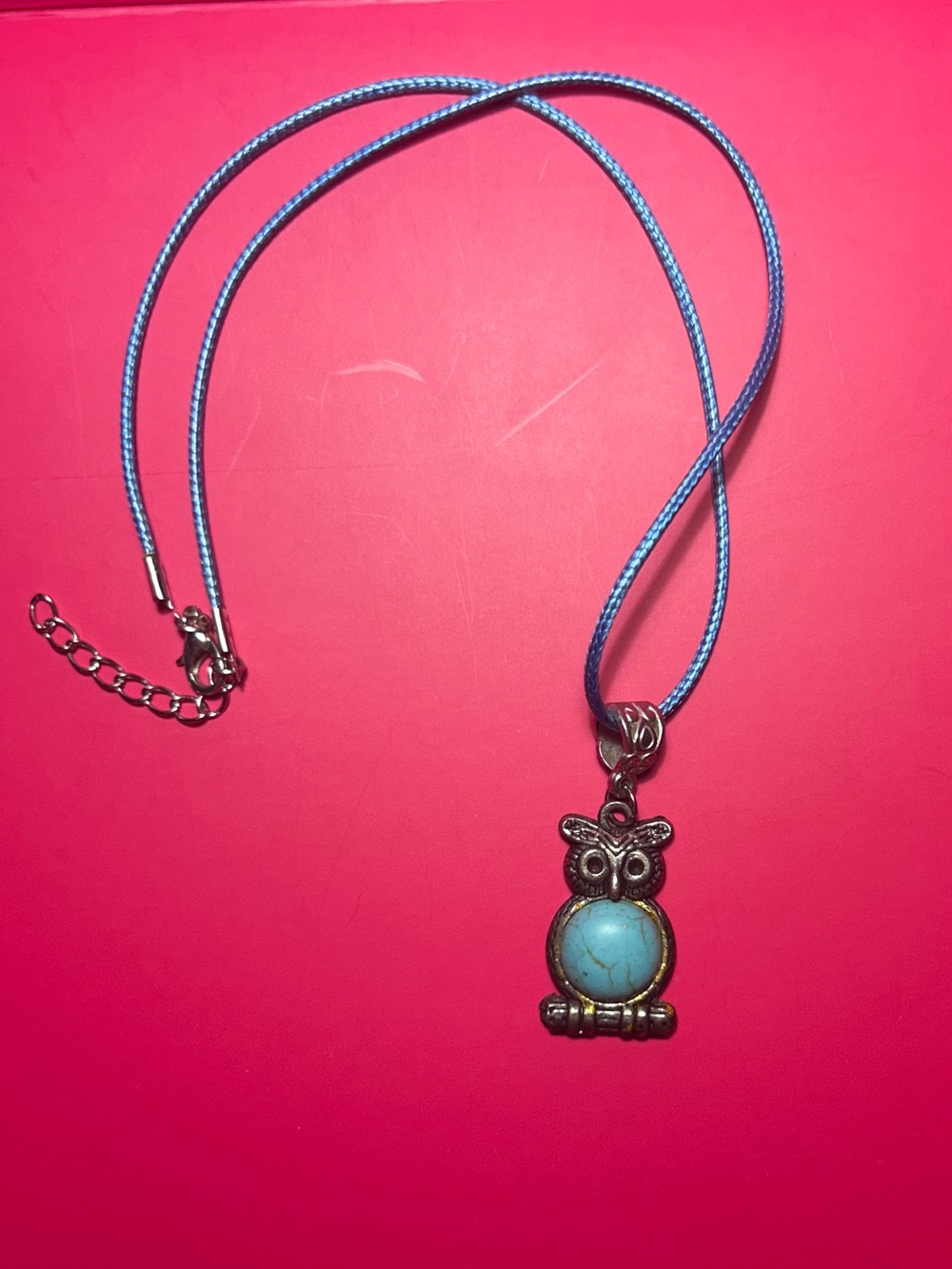 Owl Pendant Necklace with Turquoise-Colored Stone & Blue Cord. Boho
